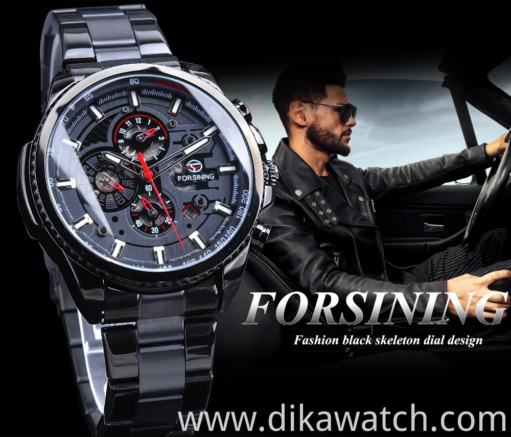 Top Brand Luxury Forsining Watch Three Dial Calendar Display Black Stainless Steel Men Automatic Wrist Watch Military Sport